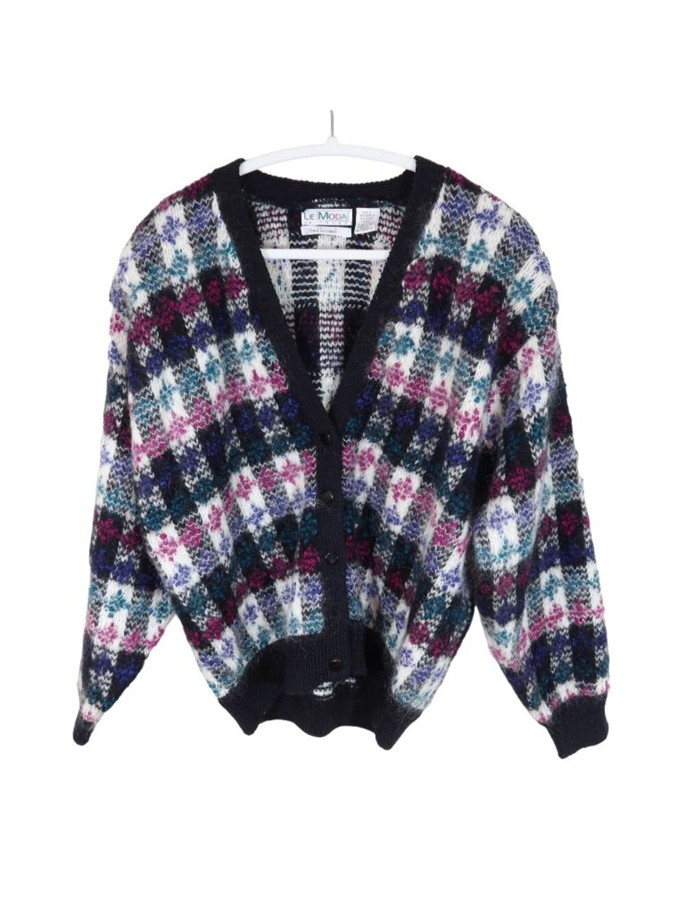 Vintage 80s Fuzzy Mohair Wool Hand Loomed Check Dolman Cardigan Sweater Size L